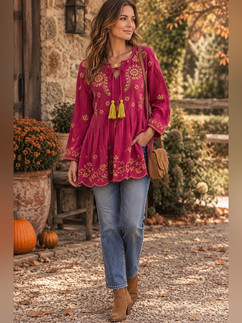 Sz M Ivy Jane Magenta Fuscia Embroidered w/ Mustard Florals Tunic Top Tassel Tie